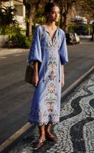 Load image into Gallery viewer, Farm Rio Garden Tapestry Blue Embroidery Long Sleeve Midi Dress