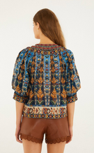Load image into Gallery viewer, Fram Rio Embroidered Tapestry Blue Short Sleeve Blouse