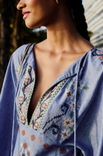 Load image into Gallery viewer, Farm Rio Garden Tapestry Blue Embroidery Long Sleeve Midi Dress