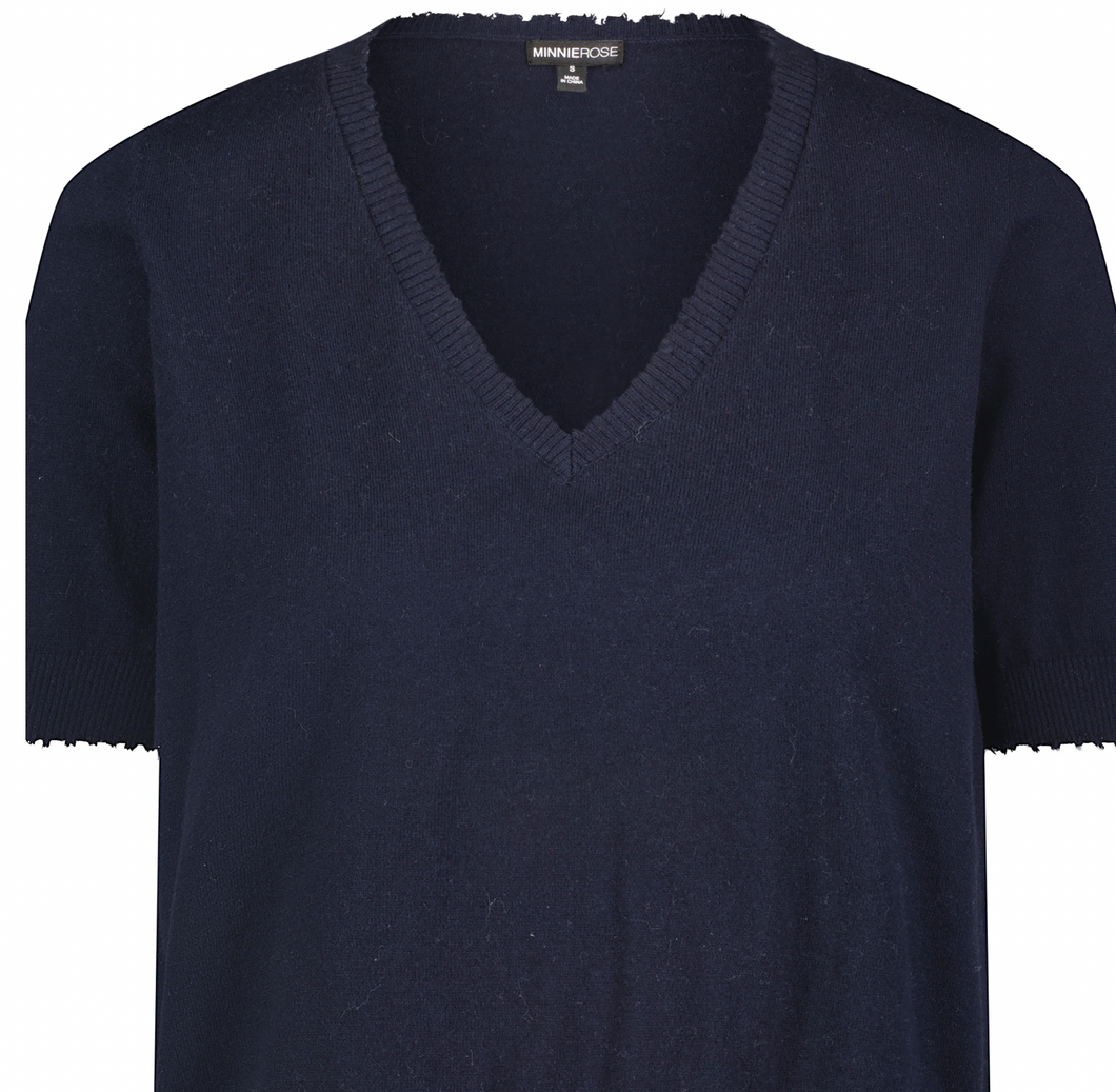 Minnie Rose - S/S Frayed Edge V-Neck Sweater