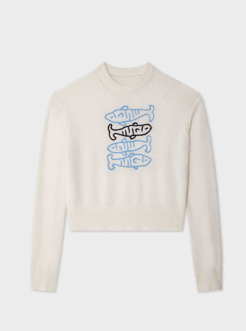 White and Warren- Cashmere Sardine Embroidered Crew