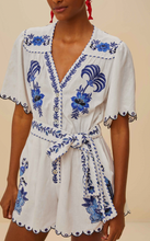 Load image into Gallery viewer, Farm Rio- Delicate Forest Blue Richelieu Embroidered Romper
