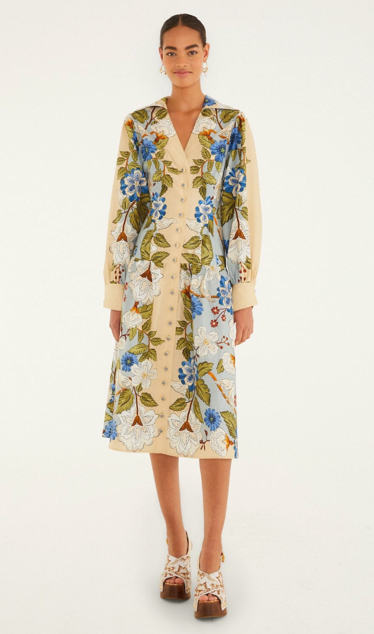 farm rio blue long sleeve midi dress Farm Rio