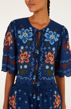 Load image into Gallery viewer, Farm Rio Stitched Garden Dark Blue Blouse
