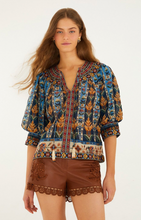 Load image into Gallery viewer, Fram Rio Embroidered Tapestry Blue Short Sleeve Blouse
