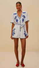 Load image into Gallery viewer, Farm Rio- Delicate Forest Blue Richelieu Embroidered Romper
