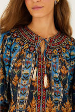 Load image into Gallery viewer, Fram Rio Embroidered Tapestry Blue Short Sleeve Blouse
