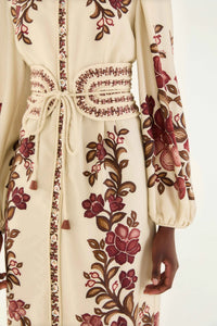 Farm Rio - Renata Floral Sand Long Sleeve Midi Dress